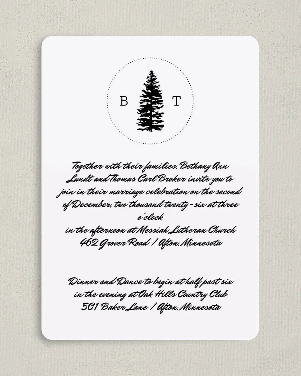 This is a 5" x 7" Rounded Wedding Invitation called Splendid Pines printed in full color on Premium Smooth paper