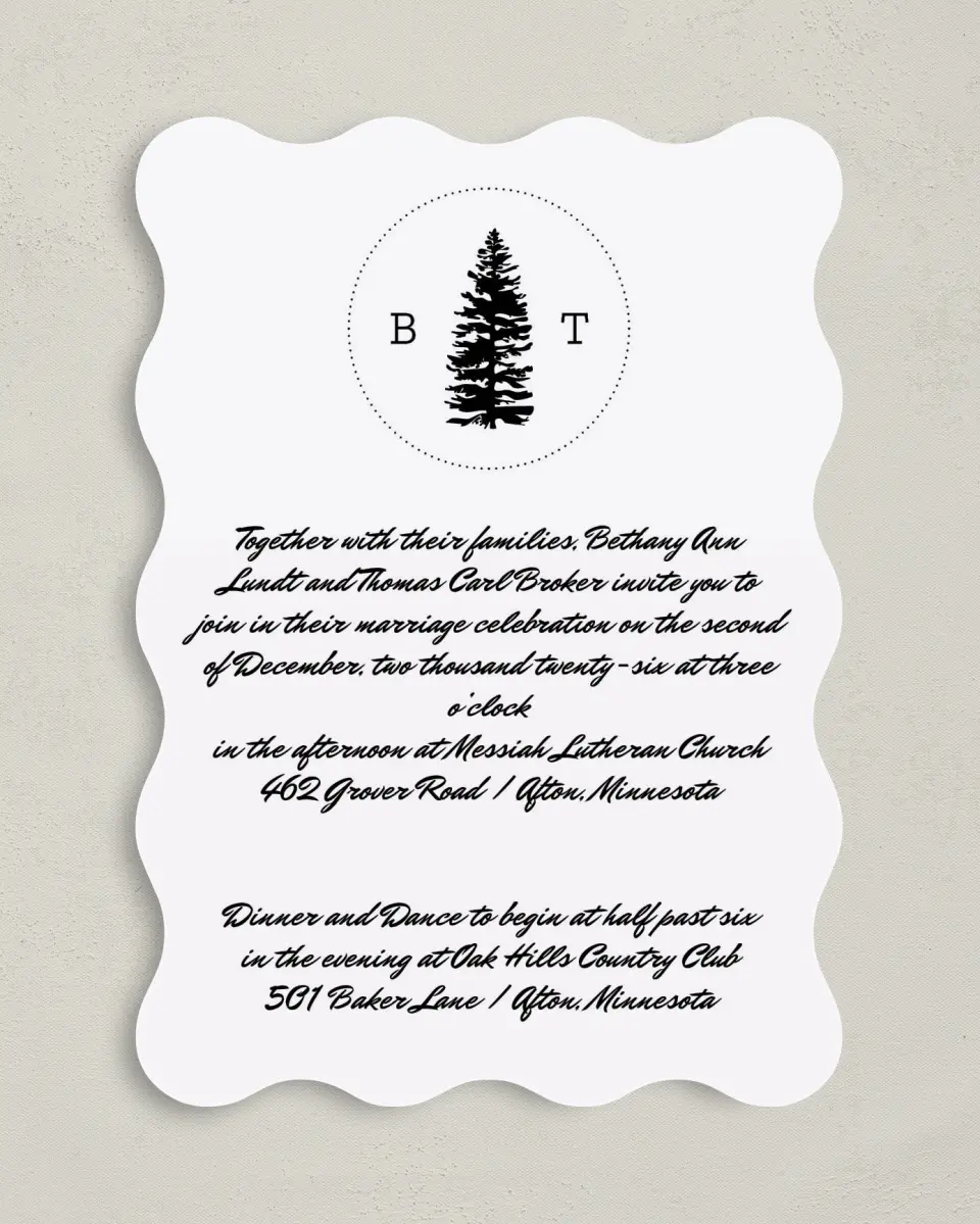 This is a 5" x 7" Wavy Wedding Invitation called Splendid Pines printed in full color on Premium Smooth paper