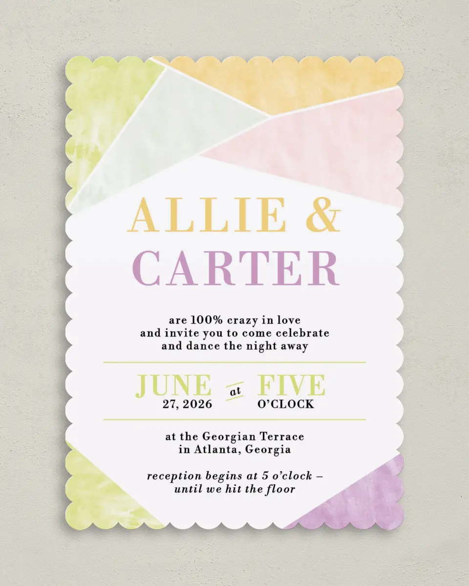 This is a 5" x 7" Classic Wedding Invitation called Be Happy! printed in full color on Premium Smooth paper