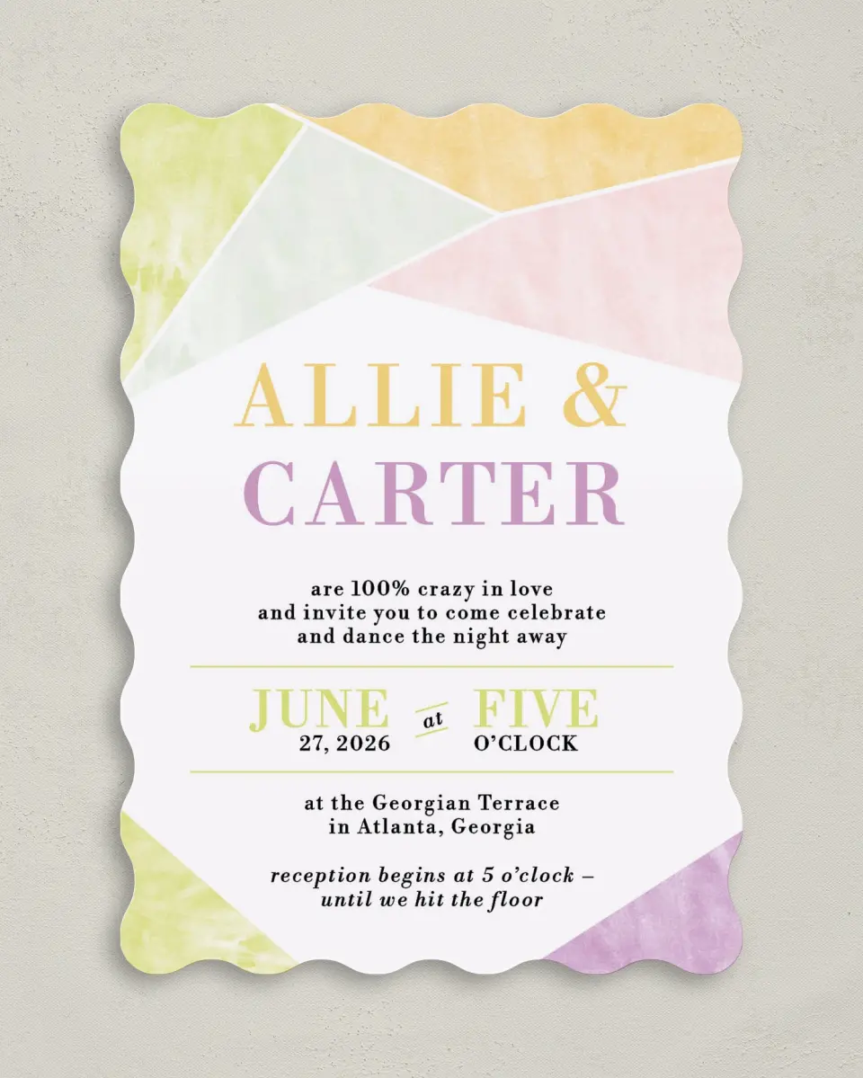 This is a 5" x 7" Wavy Wedding Invitation called Be Happy! printed in full color on Premium Smooth paper
