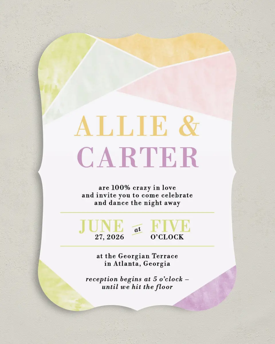 This is a 5" x 7" Bracket Wedding Invitation called Be Happy! printed in full color on Premium Smooth paper