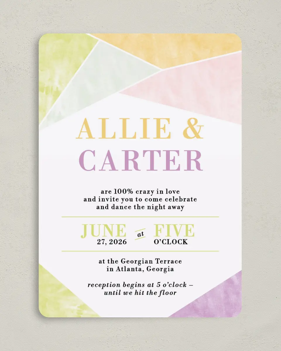 This is a 5" x 7" Rounded Wedding Invitation called Be Happy! printed in full color on Premium Smooth paper