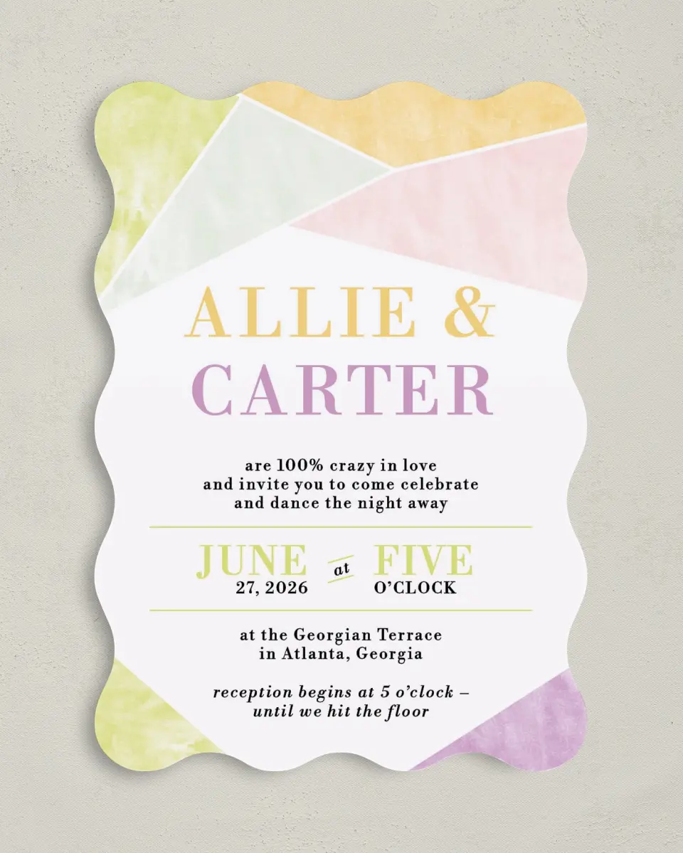 This is a 5" x 7" Wavy Wedding Invitation called Be Happy! printed in full color with Gold foil on Luxe Satin (coated) paper