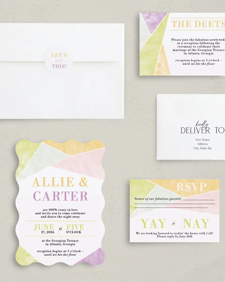 This is a 5" x 7" Wavy Wedding Invitation called Be Happy! printed in full color with Gold foil on Luxe Satin (coated) paper