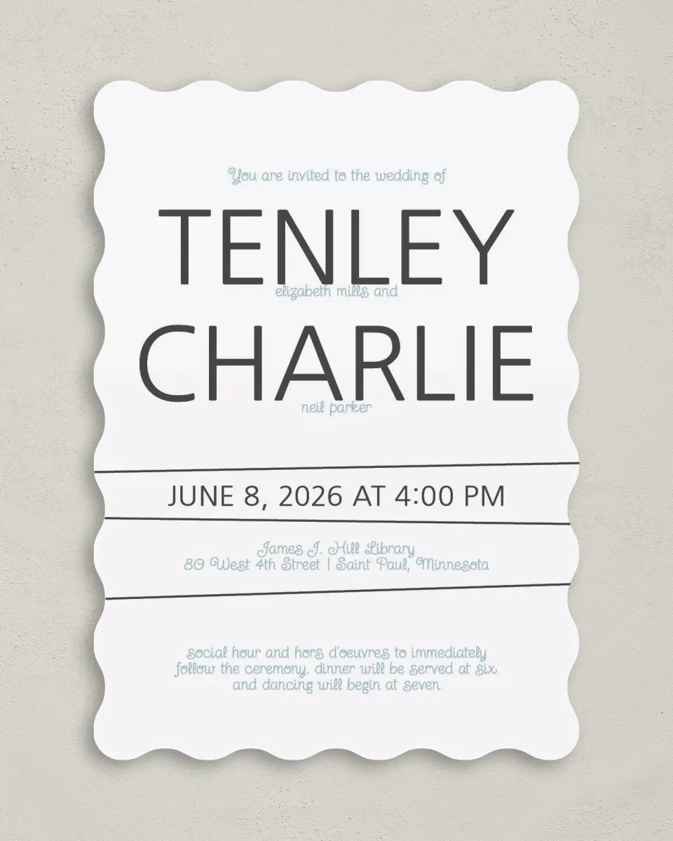 This is a 5" x 7" Wavy Wedding Invitation called Forever Mine printed in full color on Premium Smooth paper