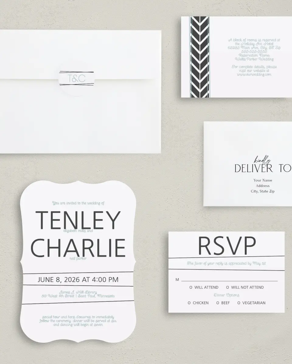 This is a 5" x 7" Bracket Wedding Invitation called Forever Mine printed in full color with Silver foil on Luxe Satin (coated) paper