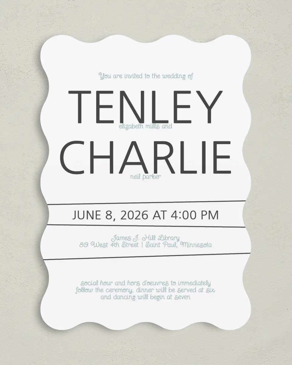 This is a 5" x 7" Wavy Wedding Invitation called Forever Mine printed in full color on Premium Smooth paper