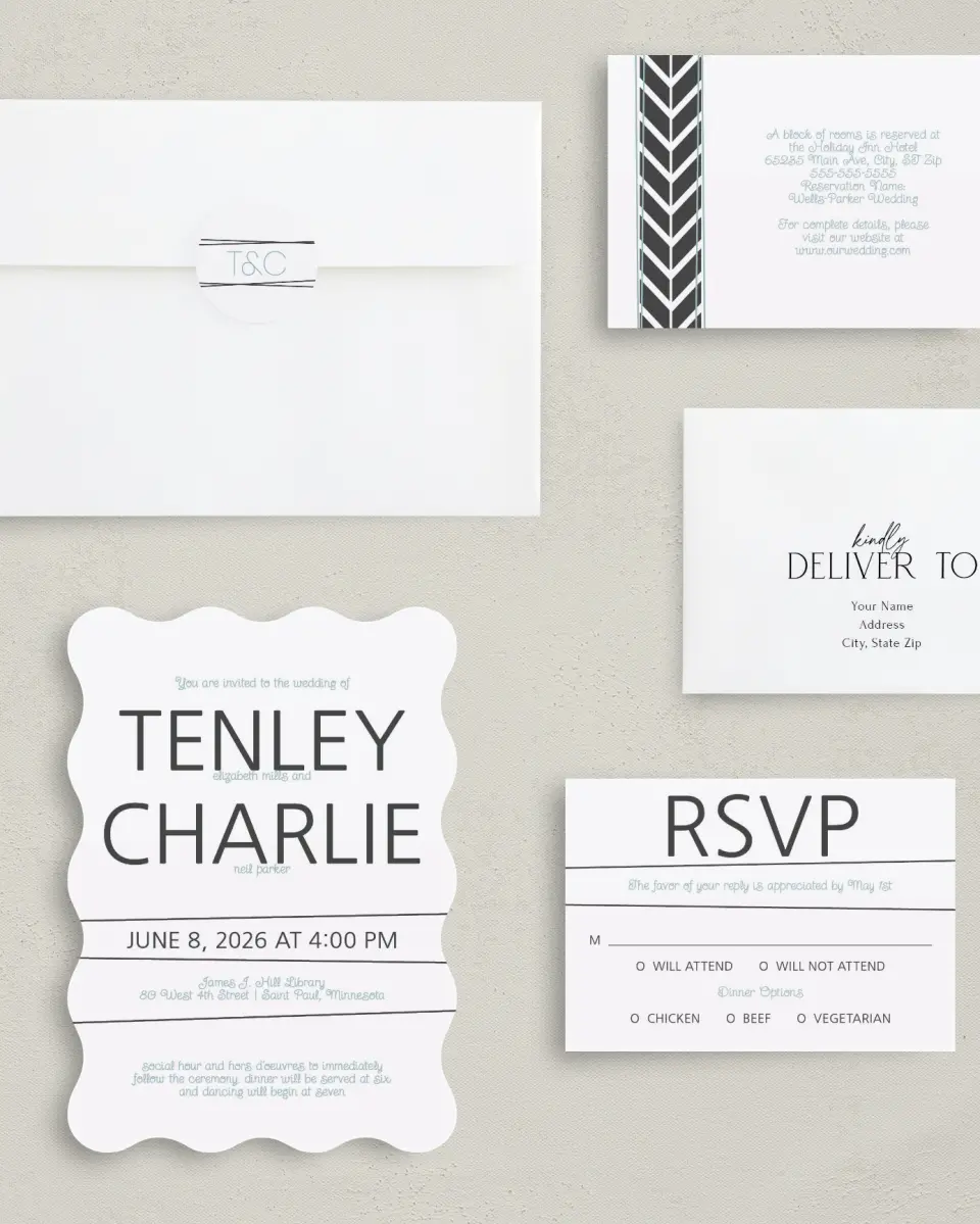 This is a 5" x 7" Wavy Wedding Invitation called Forever Mine printed in full color with Gold foil on Luxe Satin (coated) paper