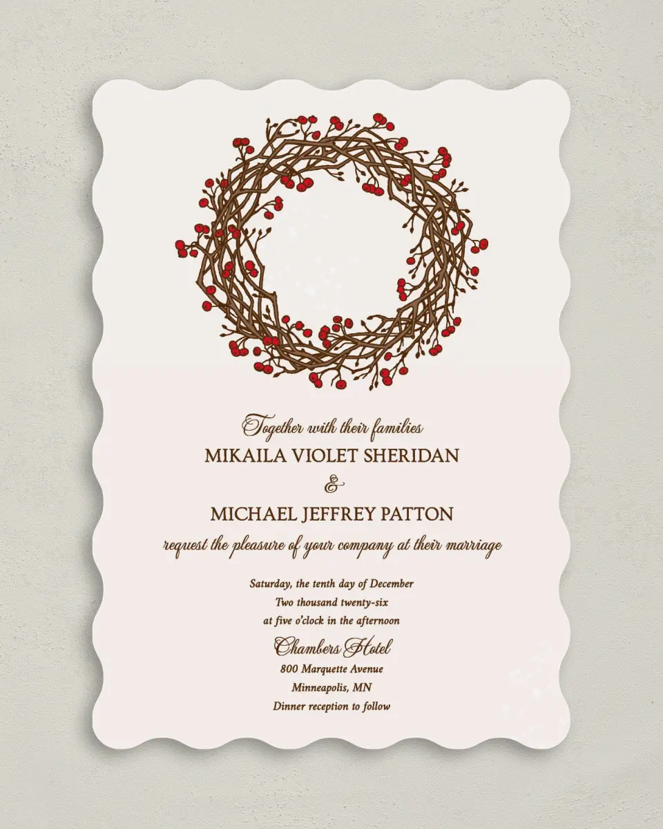 This is a 5" x 7" Wavy Wedding Invitation called Winter Berries printed in full color on Premium Smooth paper