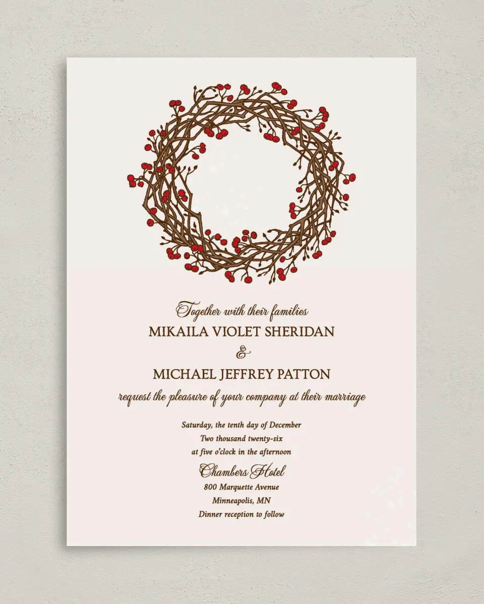 This is a 5" x 7" Classic Wedding Invitation called Winter Berries printed in full color on Premium Smooth paper