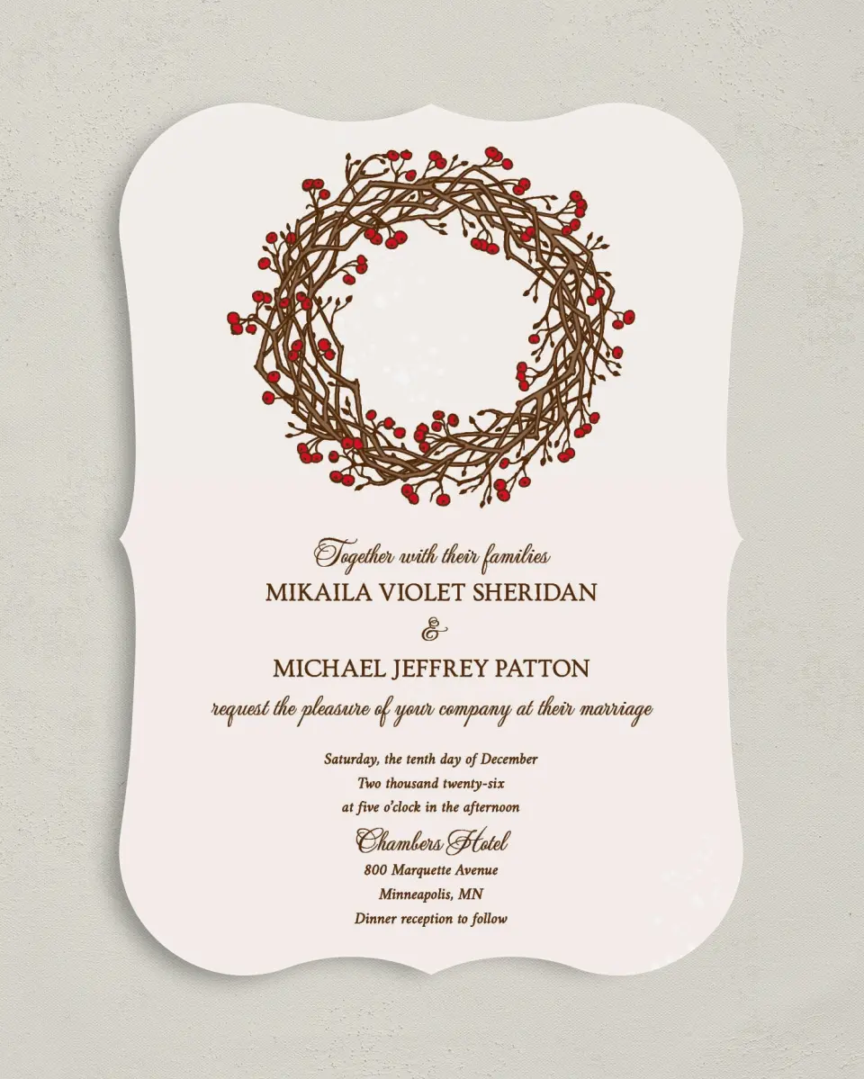 This is a 5" x 7" Bracket Wedding Invitation called Winter Berries printed in full color on Premium Smooth paper