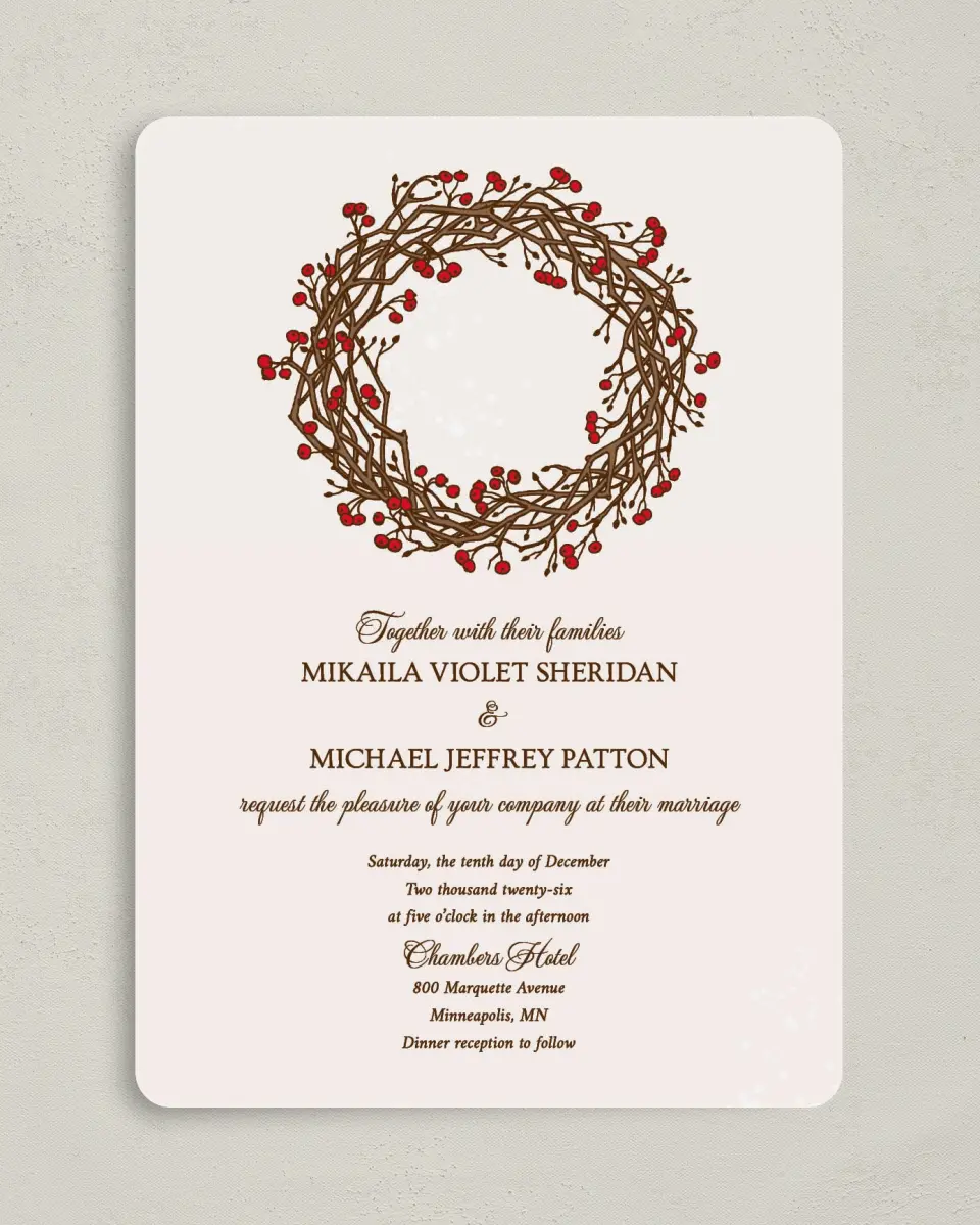 This is a 5" x 7" Rounded Wedding Invitation called Winter Berries printed in full color on Premium Smooth paper