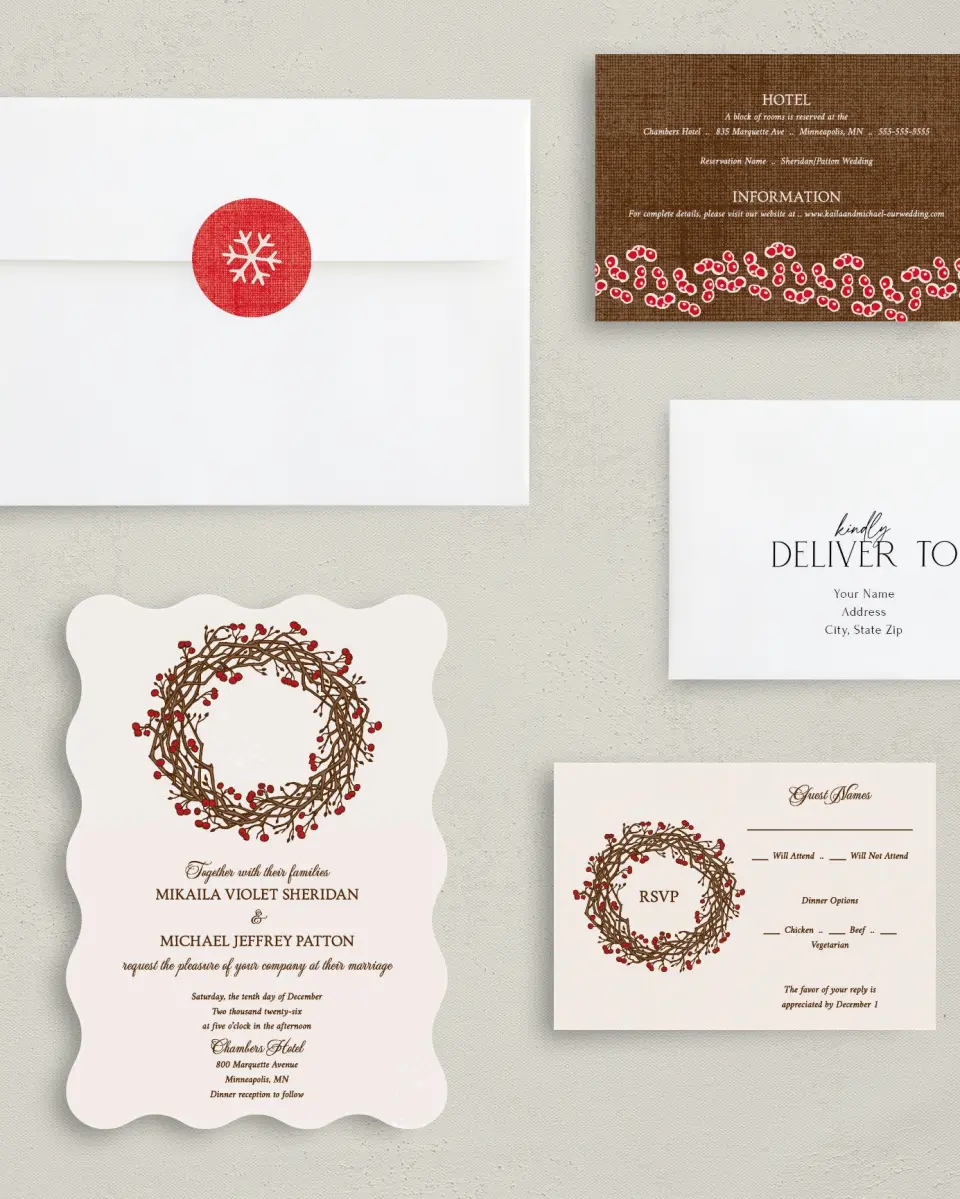 This is a 5" x 7" Wavy Wedding Invitation called Winter Berries printed in full color with Gold foil on Luxe Satin (coated) paper