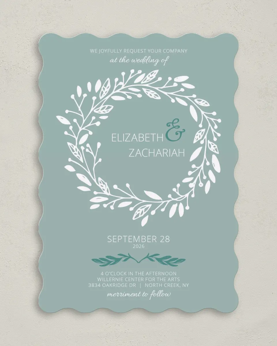 This is a 5" x 7" Wavy Wedding Invitation called This Joyful Day printed in full color on Premium Smooth paper