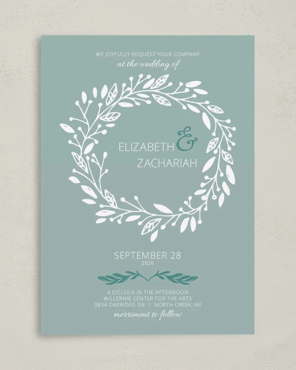 This is a 5" x 7" Classic Wedding Invitation called This Joyful Day printed in full color with Gold foil on Luxe Satin (coated) paper