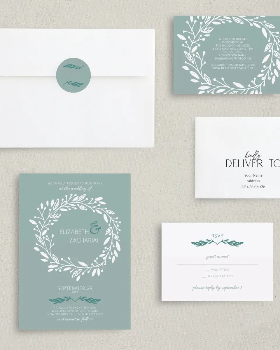 This is a 5" x 7" Classic Wedding Invitation called This Joyful Day printed in full color with Gold foil on Luxe Satin (coated) paper
