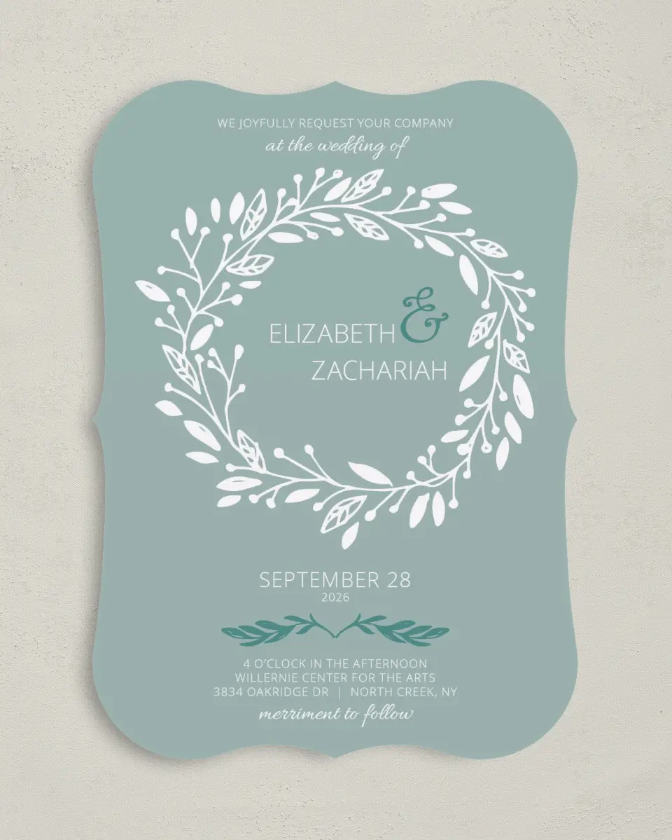 This is a 5" x 7" Bracket Wedding Invitation called This Joyful Day printed in full color with Silver foil on Luxe Satin (coated) paper