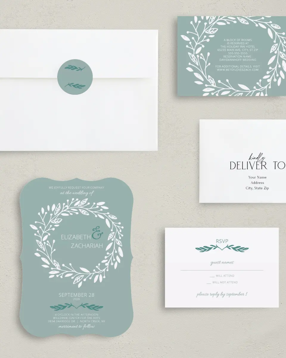 This is a 5" x 7" Bracket Wedding Invitation called This Joyful Day printed in full color with Silver foil on Luxe Satin (coated) paper