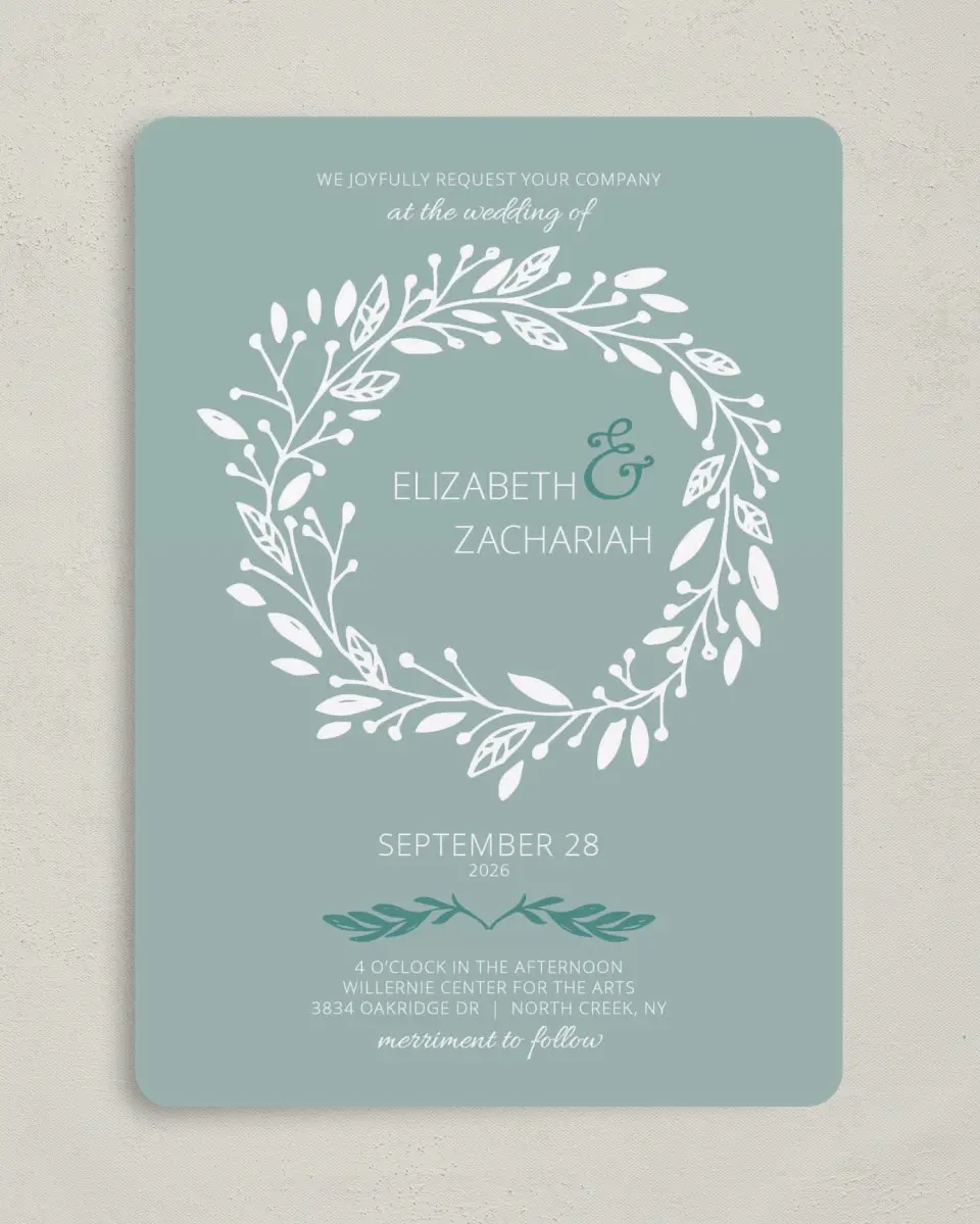 This is a 5" x 7" Rounded Wedding Invitation called This Joyful Day printed in full color on Premium Smooth paper