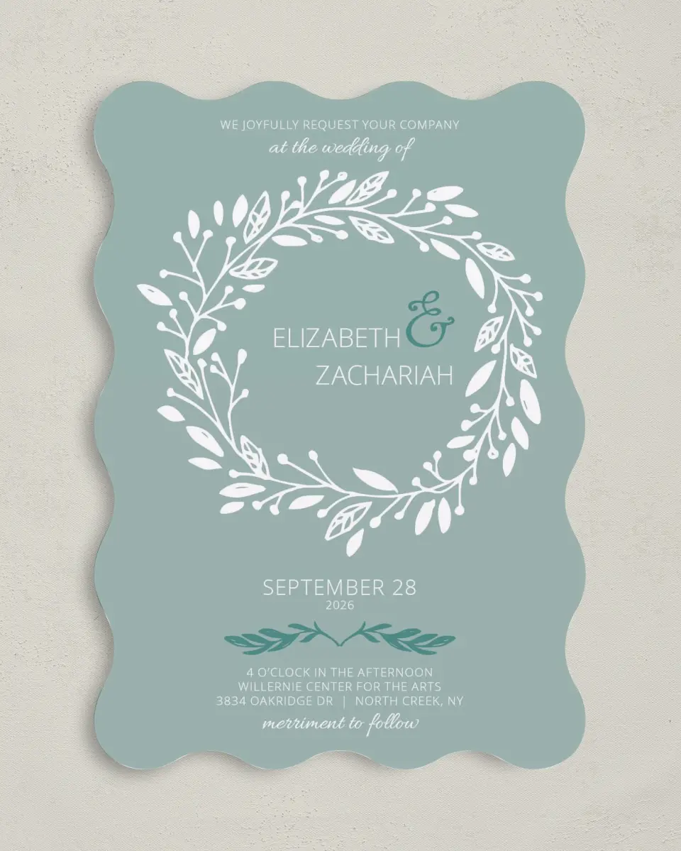 This is a 5" x 7" Wavy Wedding Invitation called This Joyful Day printed in full color on Premium Smooth paper