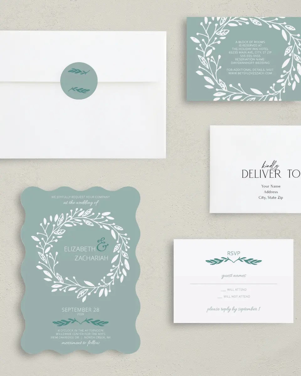 This is a 5" x 7" Wavy Wedding Invitation called This Joyful Day printed in full color with Gold foil on Luxe Satin (coated) paper