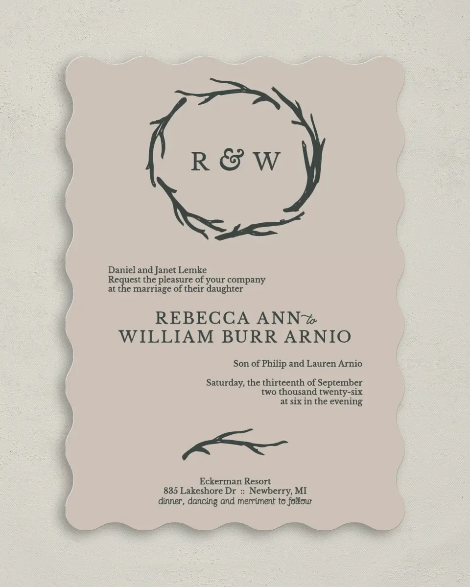 This is a 5" x 7" Wavy Wedding Invitation called Rustic Boughs printed in full color on Premium Smooth paper