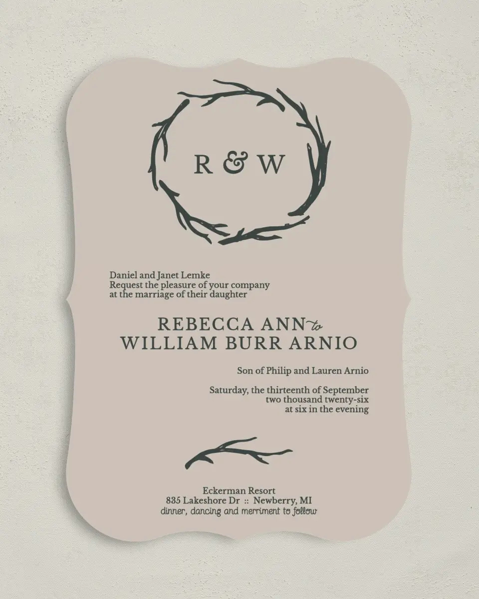 This is a 5" x 7" Bracket Wedding Invitation called Rustic Boughs printed in full color on Premium Smooth paper