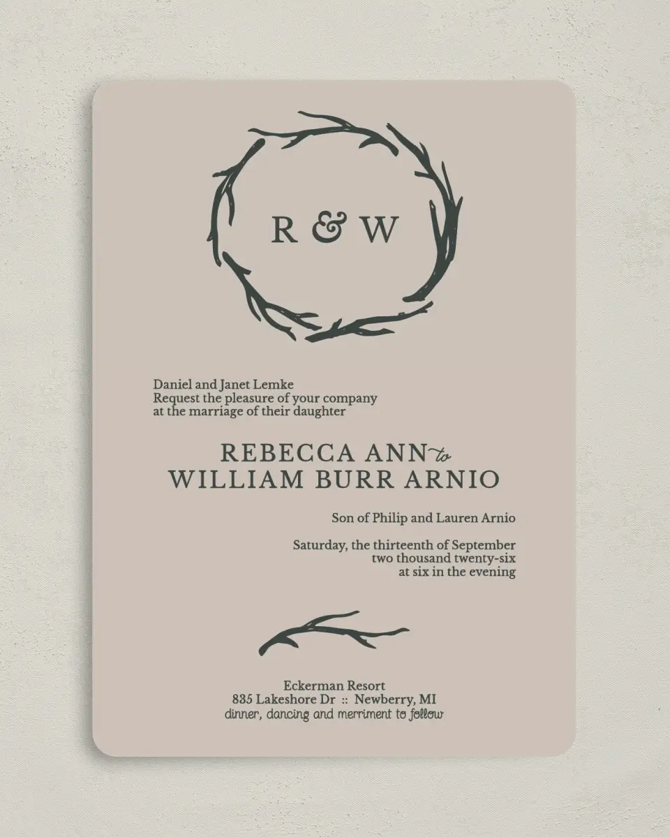This is a 5" x 7" Rounded Wedding Invitation called Rustic Boughs printed in full color on Premium Smooth paper