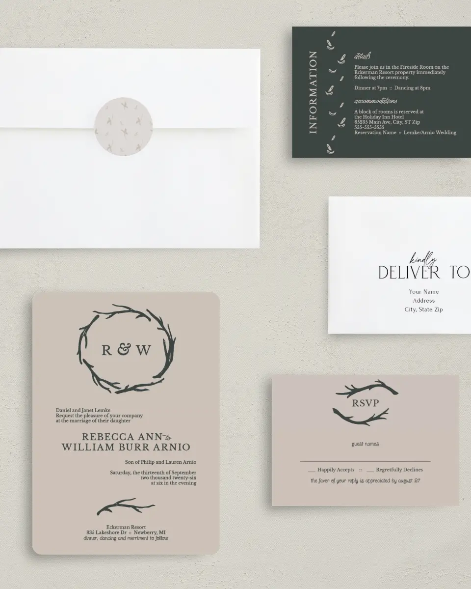 This is a 5" x 7" Rounded Wedding Invitation called Rustic Boughs printed in full color with Silver foil on Luxe Satin (coated) paper
