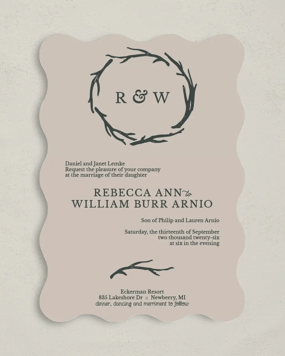 This is a 5" x 7" Wavy Wedding Invitation called Rustic Boughs printed in full color on Premium Smooth paper