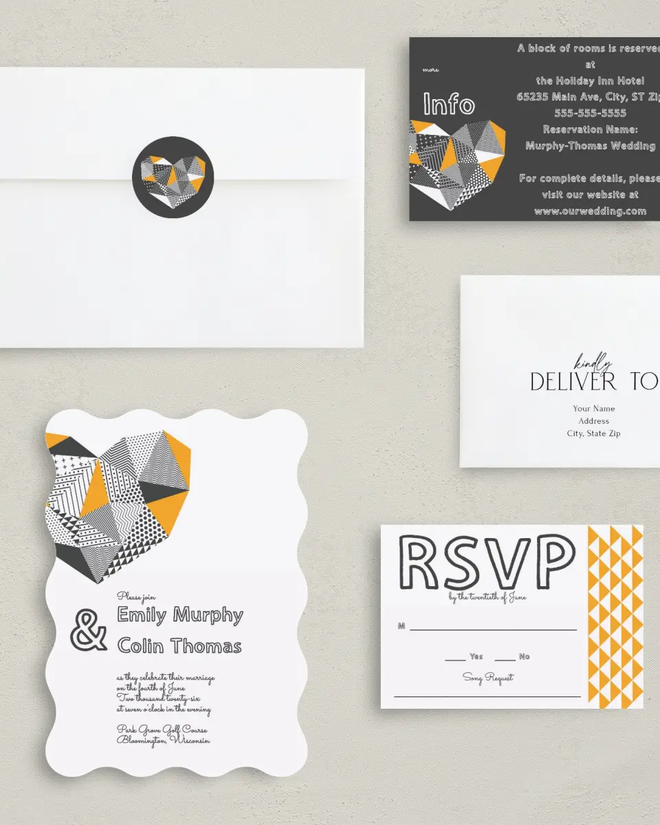This is a 5" x 7" Wavy Wedding Invitation called So Sharp! printed in full color with Gold foil on Luxe Satin (coated) paper