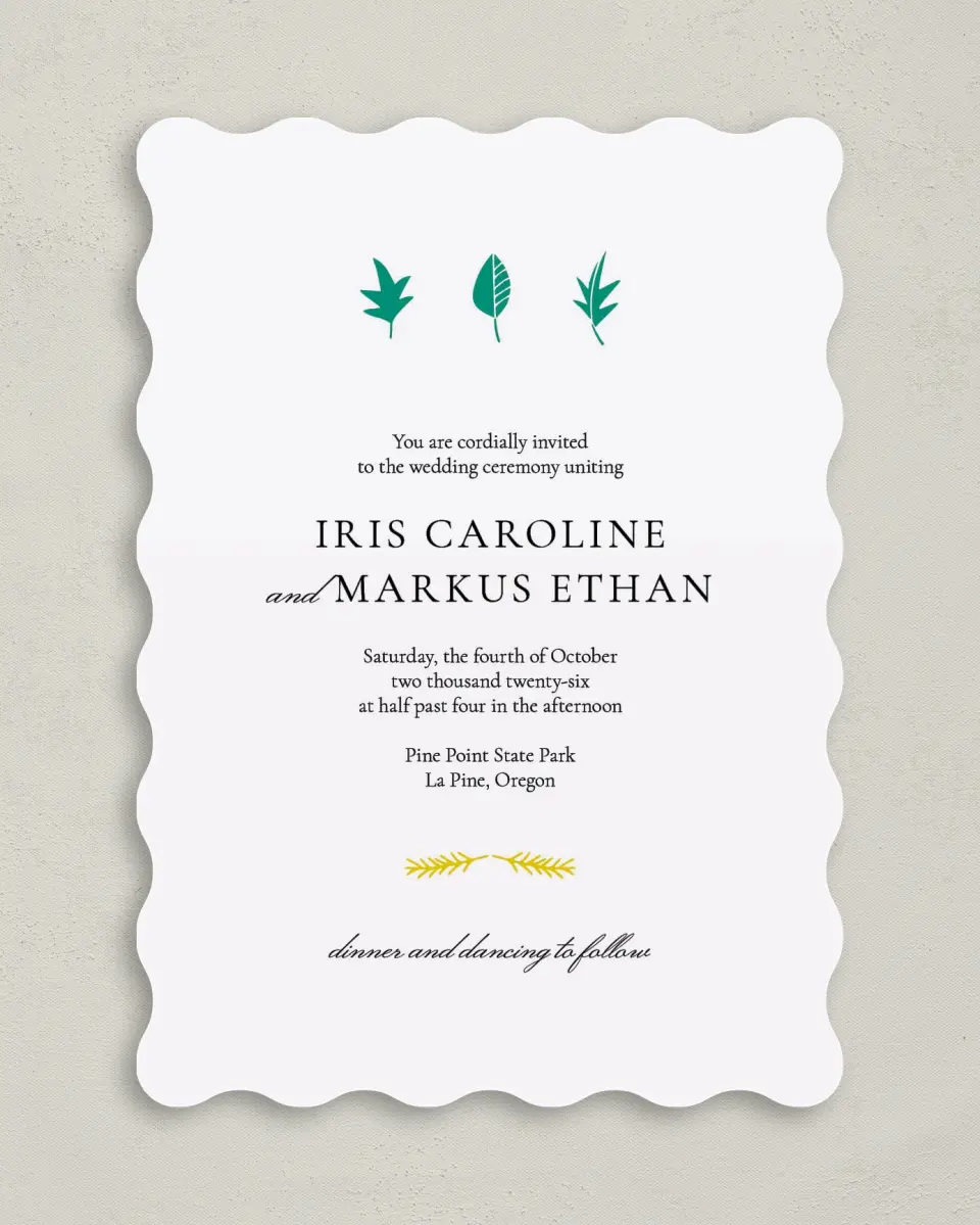 This is a 5" x 7" Wavy Wedding Invitation called Sweet Leaves printed in full color on Premium Smooth paper