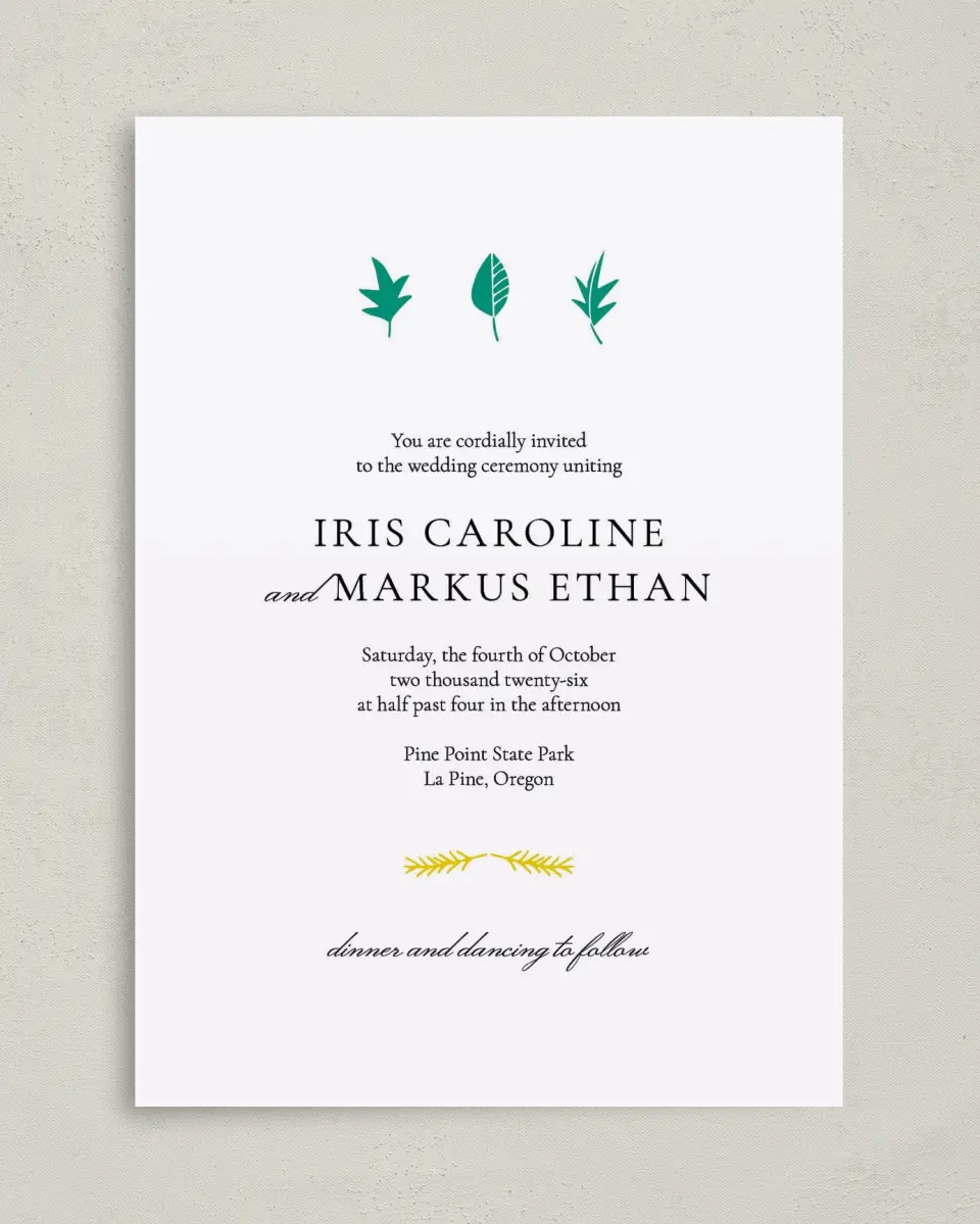 This is a 5" x 7" Classic Wedding Invitation called Sweet Leaves printed in full color on Premium Smooth paper