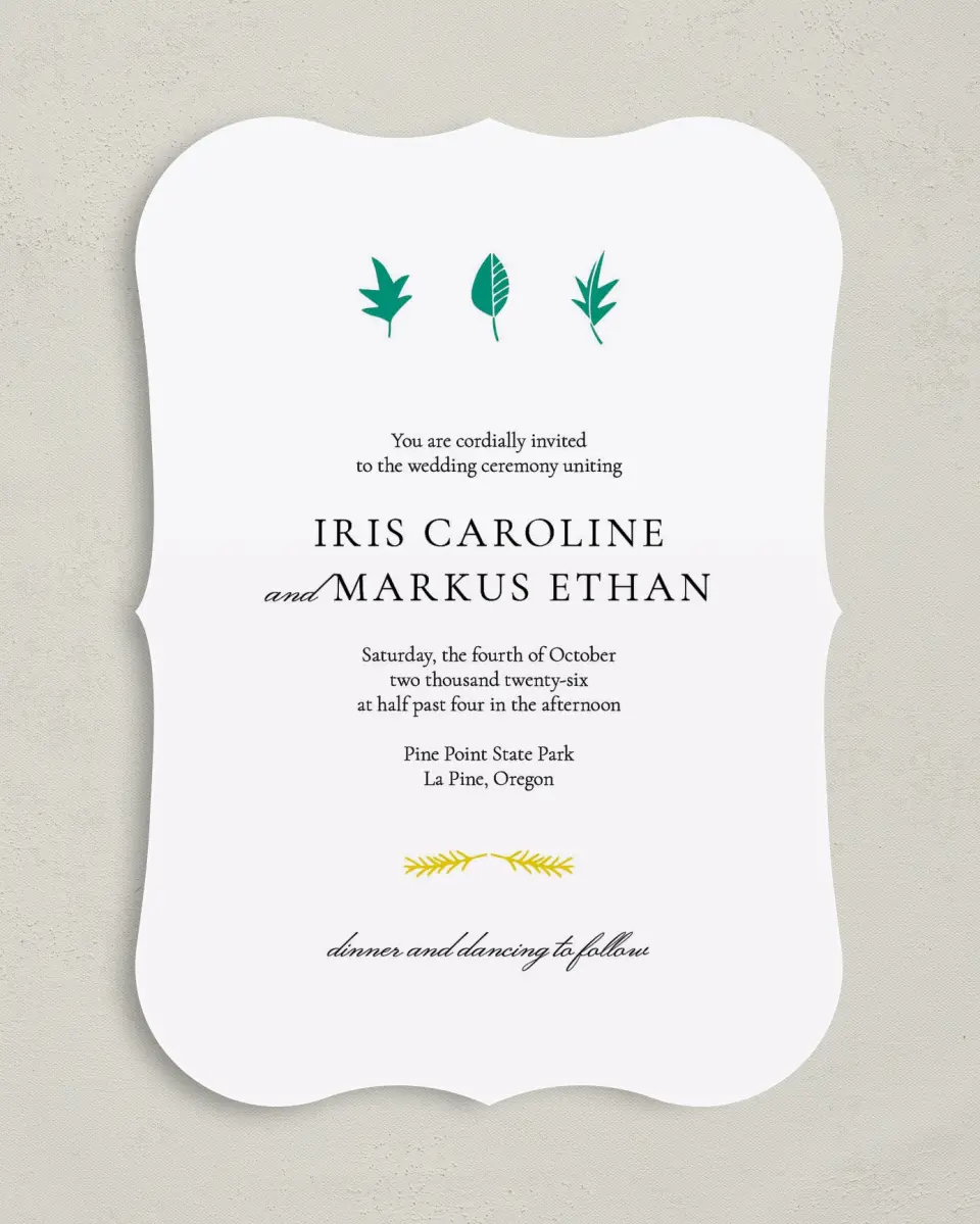 This is a 5" x 7" Bracket Wedding Invitation called Sweet Leaves printed in full color with Silver foil on Luxe Satin (coated) paper