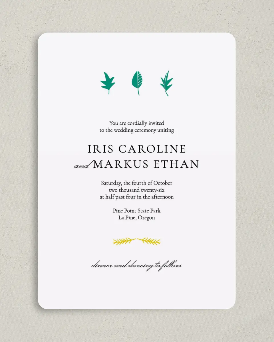 This is a 5" x 7" Rounded Wedding Invitation called Sweet Leaves printed in full color with Gold foil on Luxe Satin (coated) paper