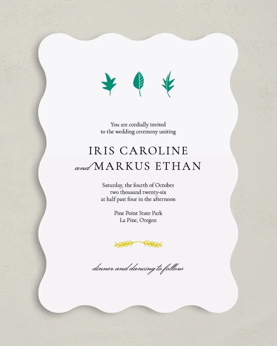 This is a 5" x 7" Wavy Wedding Invitation called Sweet Leaves printed in full color on Premium Smooth paper