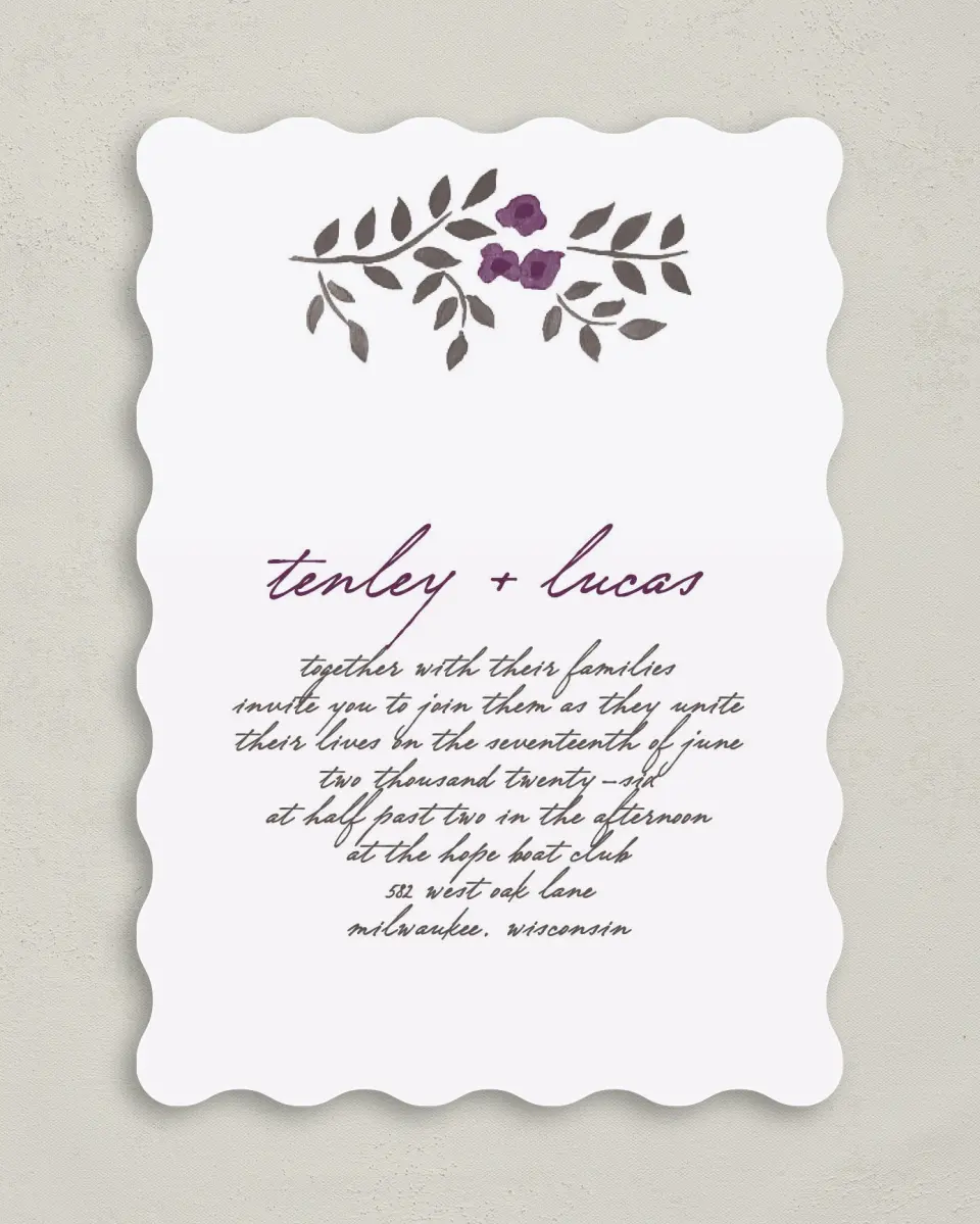 This is a 5" x 7" Wavy Wedding Invitation called Painterly Love printed in full color on Premium Smooth paper