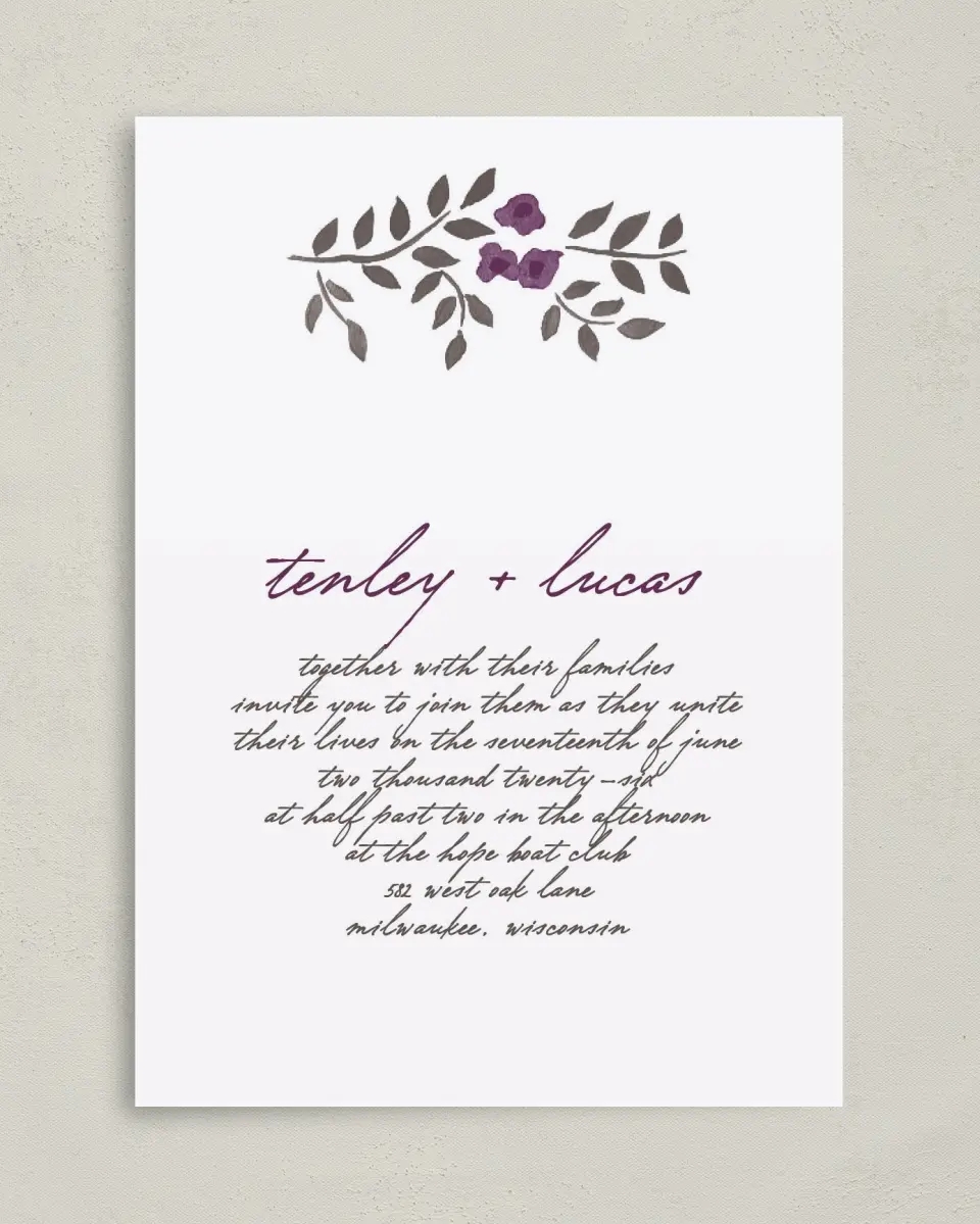 This is a 5" x 7" Classic Wedding Invitation called Painterly Love printed in full color on Premium Smooth paper