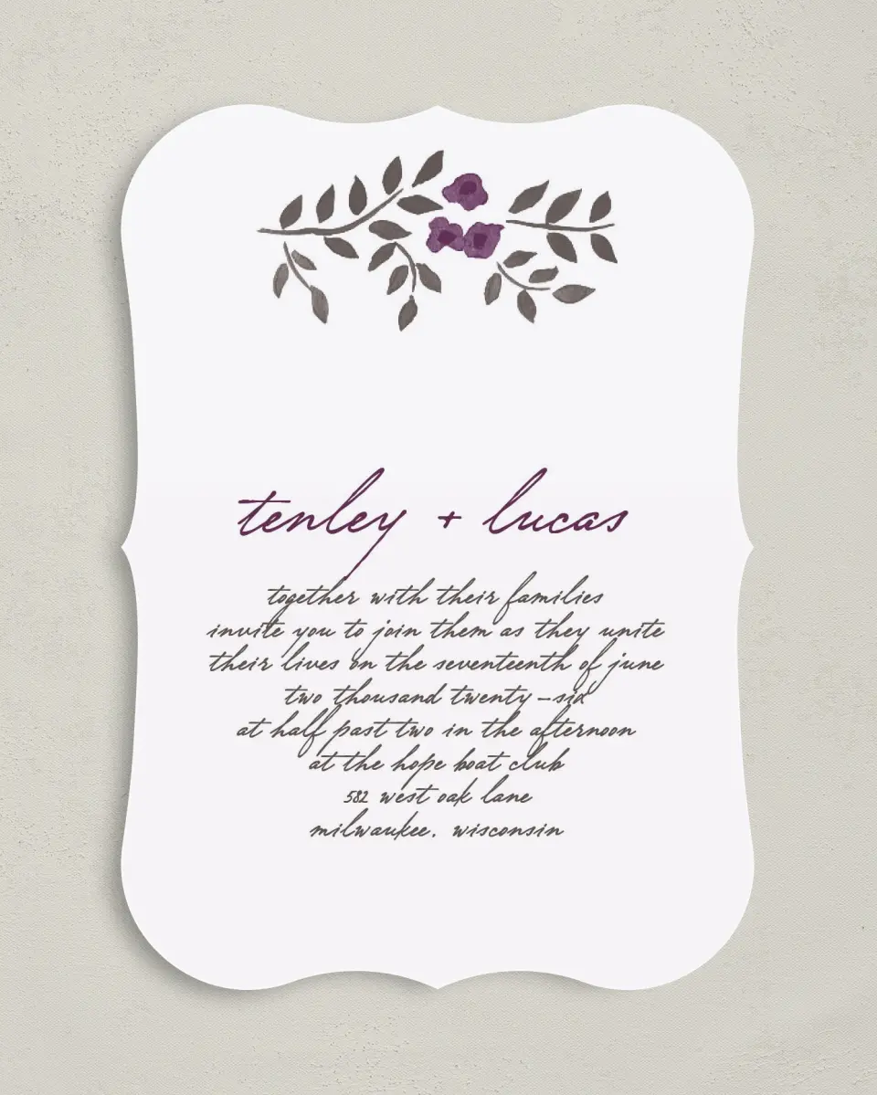 This is a 5" x 7" Bracket Wedding Invitation called Painterly Love printed in full color on Premium Smooth paper