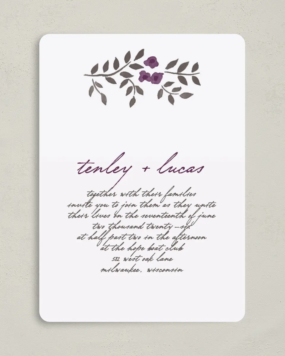 This is a 5" x 7" Rounded Wedding Invitation called Painterly Love printed in full color on Premium Smooth paper