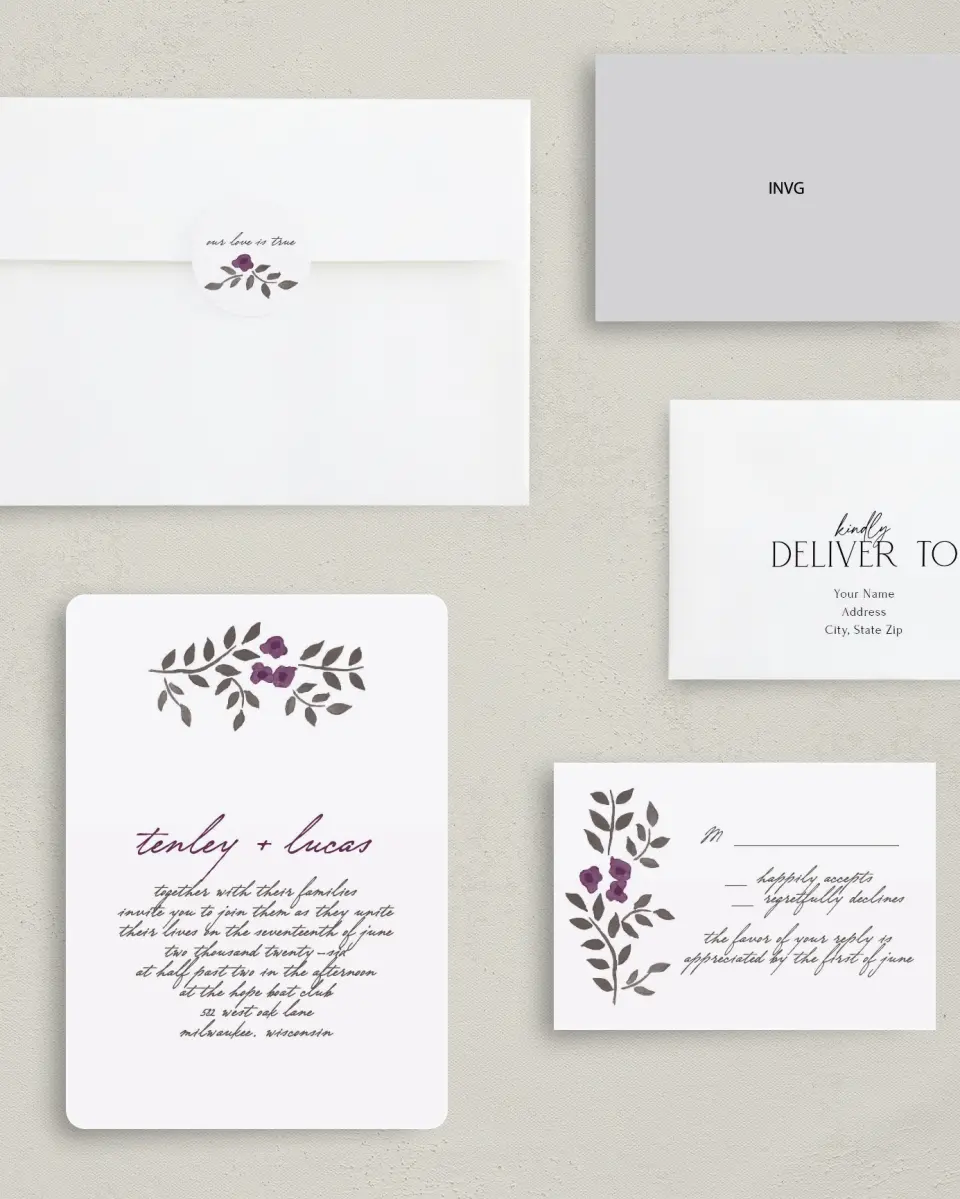 This is a 5" x 7" Rounded Wedding Invitation called Painterly Love printed in full color on Premium Smooth paper