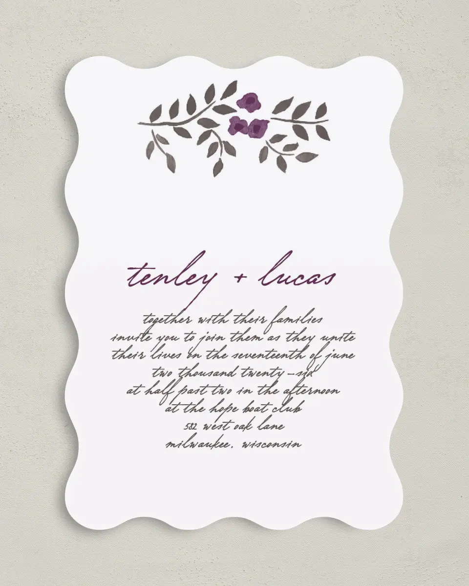 This is a 5" x 7" Wavy Wedding Invitation called Painterly Love printed in full color on Premium Smooth paper