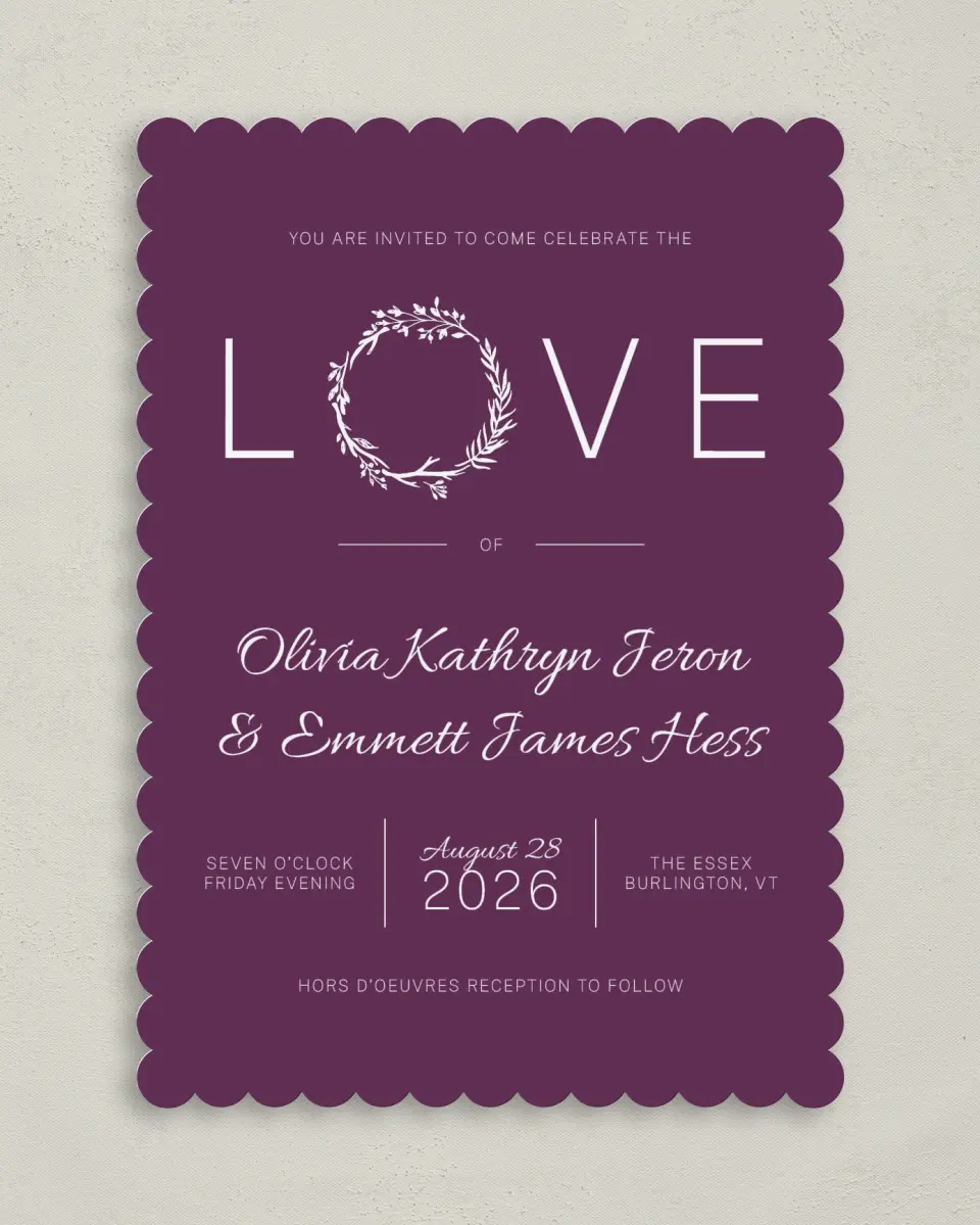 This is a 5" x 7" Classic Wedding Invitation called Charming Love Story printed in full color on Premium Smooth paper
