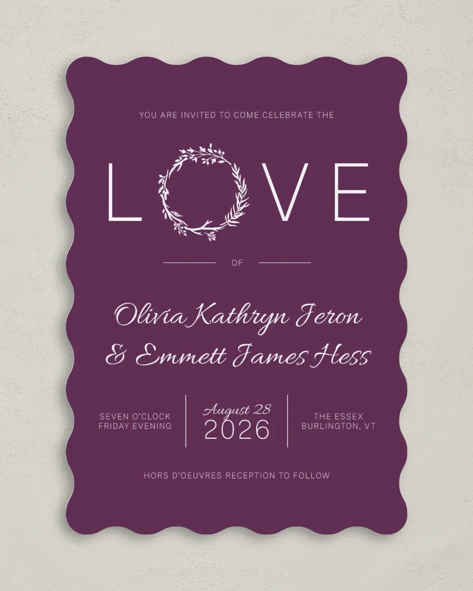 This is a 5" x 7" Wavy Wedding Invitation called Charming Love Story printed in full color on Premium Smooth paper