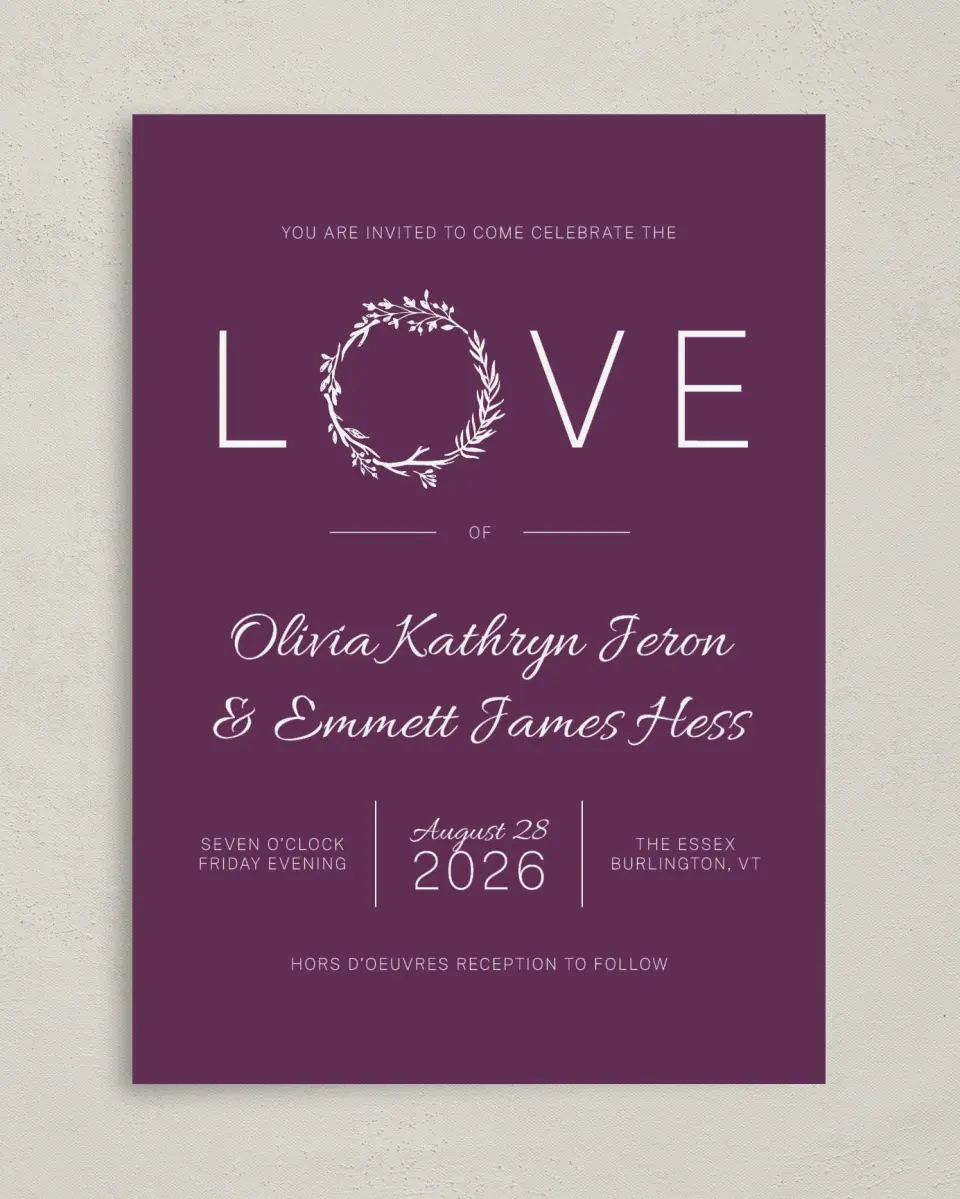 This is a 5" x 7" Classic Wedding Invitation called Charming Love Story printed in full color with Gold foil on Luxe Satin (coated) paper