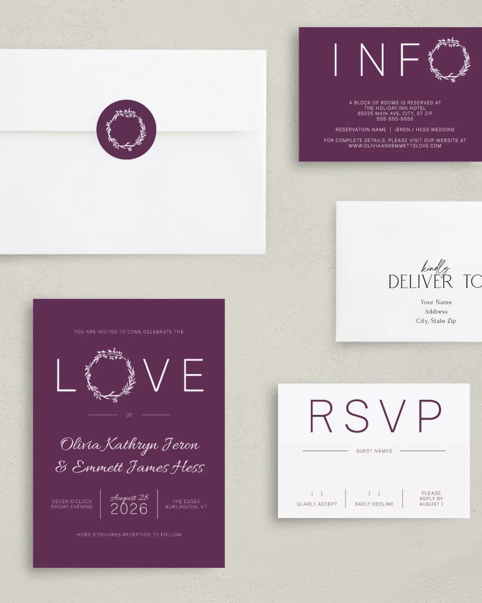 This is a 5" x 7" Classic Wedding Invitation called Charming Love Story printed in full color with Gold foil on Luxe Satin (coated) paper