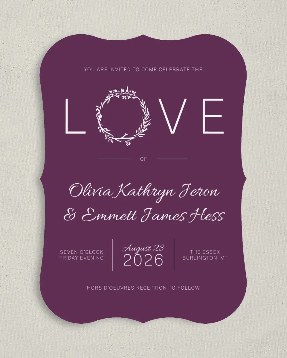 This is a 5" x 7" Bracket Wedding Invitation called Charming Love Story printed in full color with Silver foil on Luxe Satin (coated) paper
