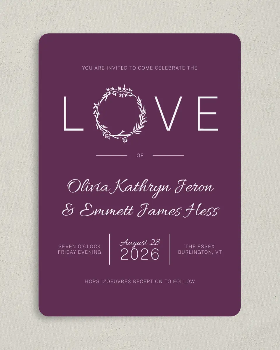 This is a 5" x 7" Rounded Wedding Invitation called Charming Love Story printed in full color on Premium Smooth paper