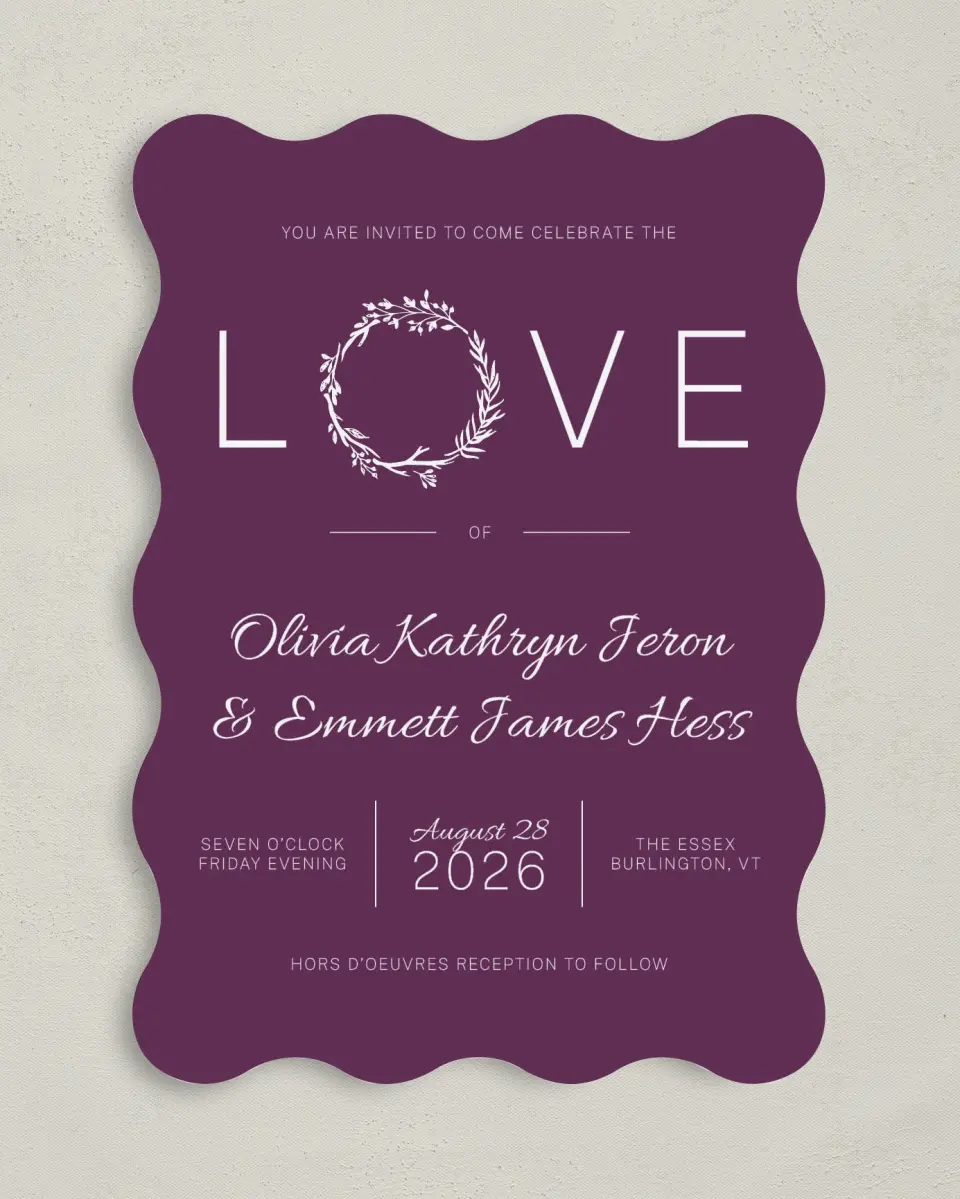 This is a 5" x 7" Wavy Wedding Invitation called Charming Love Story printed in full color on Premium Smooth paper