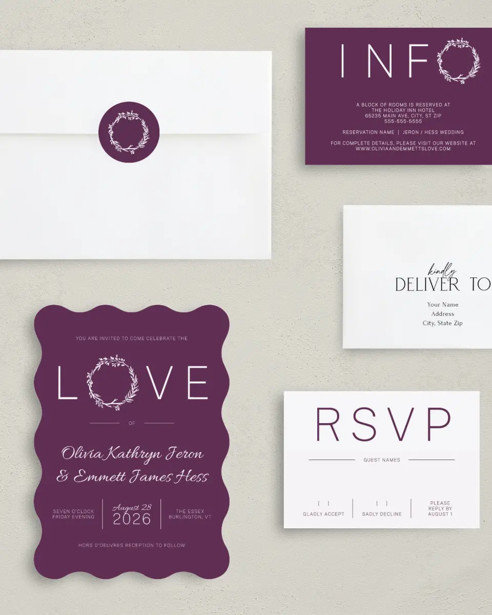 This is a 5" x 7" Wavy Wedding Invitation called Charming Love Story printed in full color with Silver foil on Luxe Satin (coated) paper
